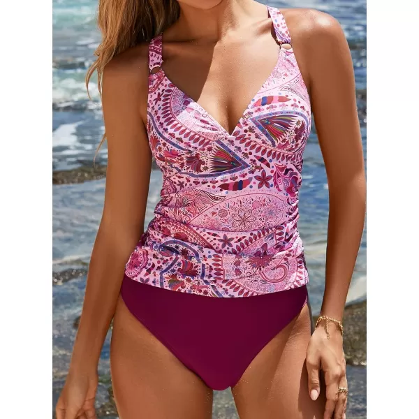 imageCUPSHE Women Swimsuit Tankini Set Tummy Control Criss Cross Paisley Two Piece Bathing SuitBerry  Paisley