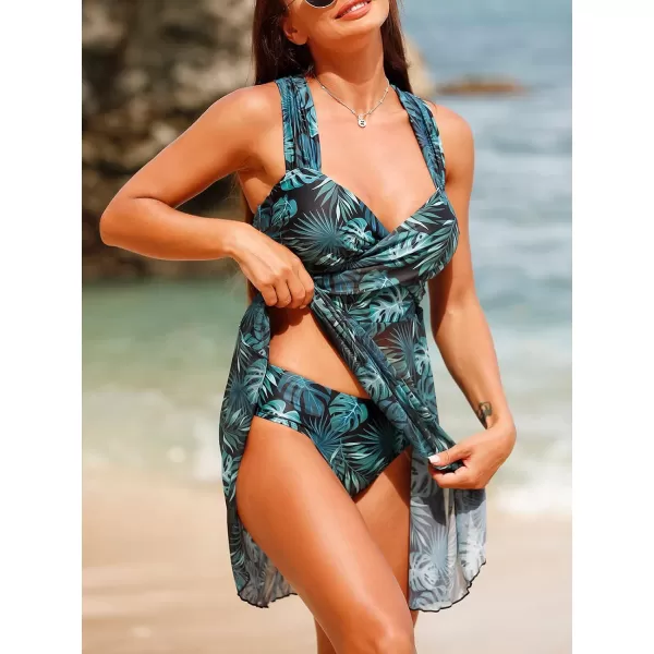 imageCUPSHE Women Swimsuit Tankini Set Two Piece Bathing Suit Wrapped Semi Sheer Tropical Swim DressGreen