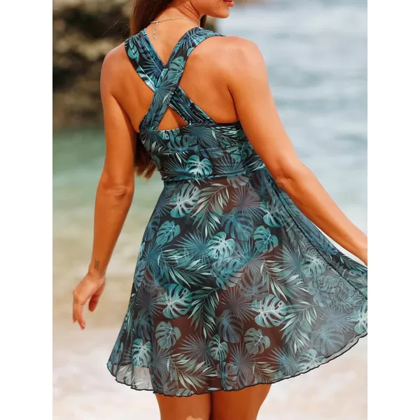 imageCUPSHE Women Swimsuit Tankini Set Two Piece Bathing Suit Wrapped Semi Sheer Tropical Swim DressGreen