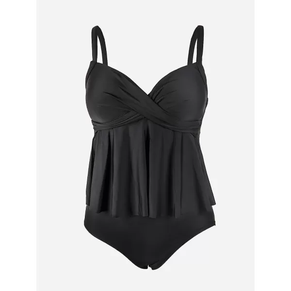 imageCUPSHE Women Swimsuit Tankini Set Two Piece Bathing Suit Wrapped V Neck High Waisted Flowy Ruffle HemBlack