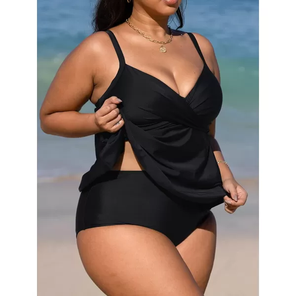 imageCUPSHE Women Swimsuit Tankini Set Two Piece Bathing Suit Wrapped V Neck High Waisted Flowy Ruffle HemBlack