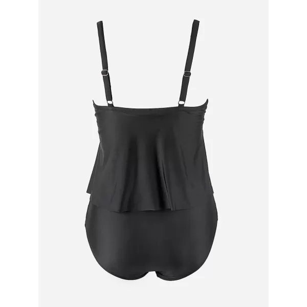 imageCUPSHE Women Swimsuit Tankini Set Two Piece Bathing Suit Wrapped V Neck High Waisted Flowy Ruffle HemBlack