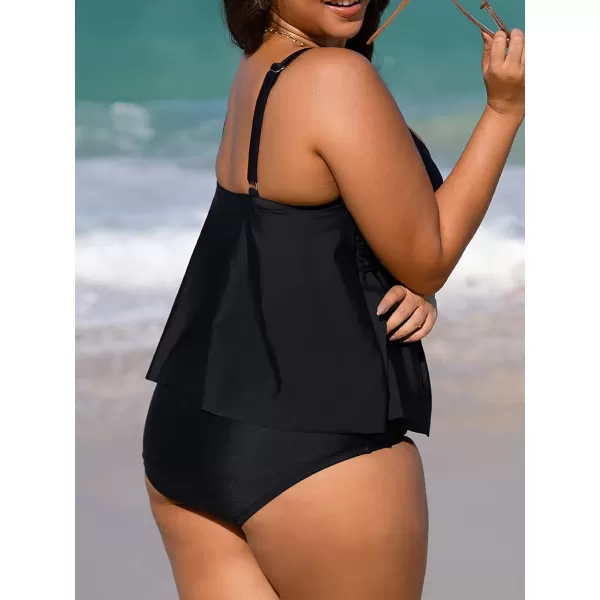 imageCUPSHE Women Swimsuit Tankini Set Two Piece Bathing Suit Wrapped V Neck High Waisted Flowy Ruffle HemBlack
