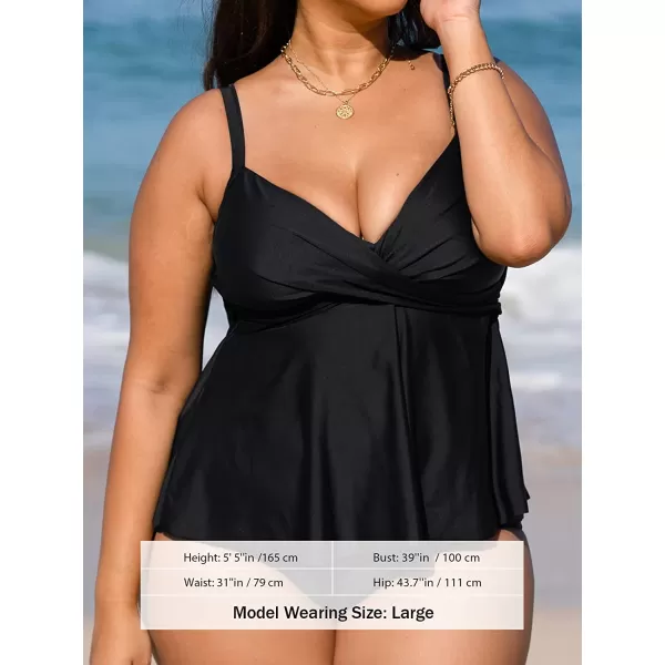 imageCUPSHE Women Swimsuit Tankini Set Two Piece Bathing Suit Wrapped V Neck High Waisted Flowy Ruffle HemBlack