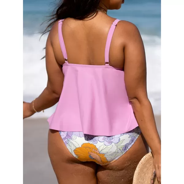 imageCUPSHE Women Swimsuit Tankini Set Two Piece Bathing Suit Wrapped V Neck High Waisted Flowy Ruffle HemBubble Pink