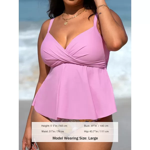imageCUPSHE Women Swimsuit Tankini Set Two Piece Bathing Suit Wrapped V Neck High Waisted Flowy Ruffle HemBubble Pink