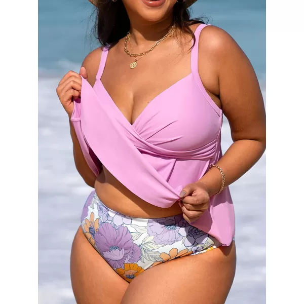 imageCUPSHE Women Swimsuit Tankini Set Two Piece Bathing Suit Wrapped V Neck High Waisted Flowy Ruffle HemBubble Pink