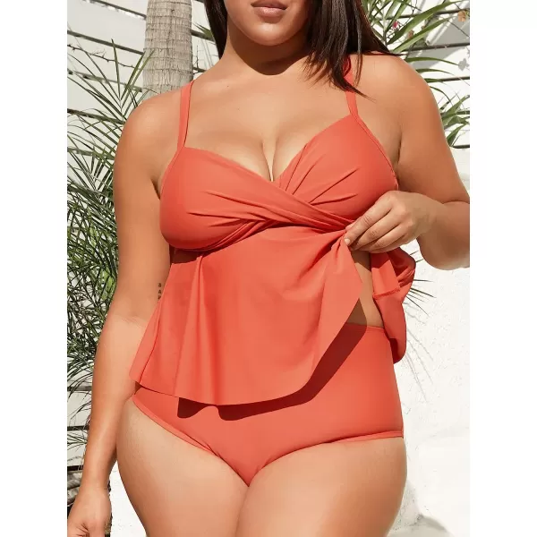 imageCUPSHE Women Swimsuit Tankini Set Two Piece Bathing Suit Wrapped V Neck High Waisted Flowy Ruffle HemOrange