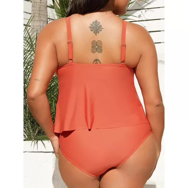 imageCUPSHE Women Swimsuit Tankini Set Two Piece Bathing Suit Wrapped V Neck High Waisted Flowy Ruffle HemOrange