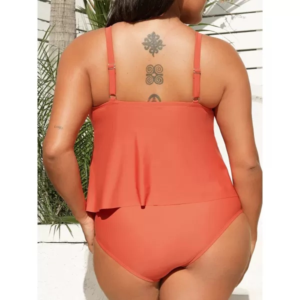 imageCUPSHE Women Swimsuit Tankini Set Two Piece Bathing Suit Wrapped V Neck High Waisted Flowy Ruffle HemOrange