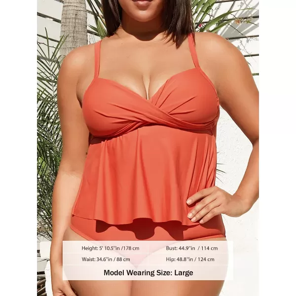 imageCUPSHE Women Swimsuit Tankini Set Two Piece Bathing Suit Wrapped V Neck High Waisted Flowy Ruffle HemOrange