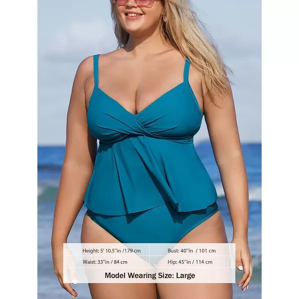 imageCUPSHE Women Swimsuit Tankini Set Two Piece Bathing Suit Wrapped V Neck High Waisted Flowy Ruffle HemTeal Blue