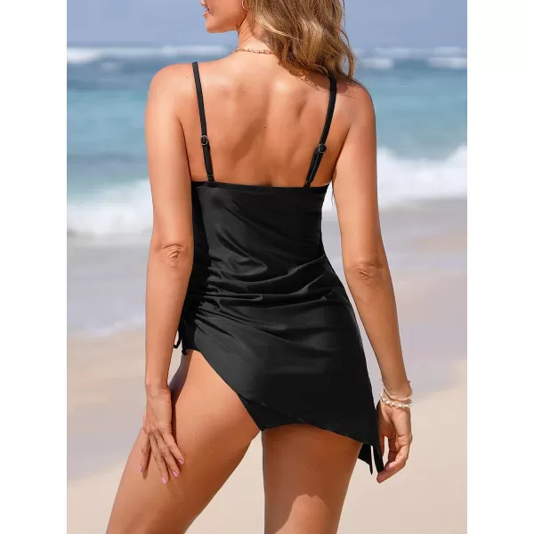 imageCUPSHE Women Swimsuit Tankini Set Two Piece Strappy Split Side V Neck Swim DressBlack