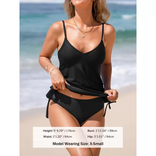 imageCUPSHE Women Swimsuit Tankini Set Two Piece Strappy Split Side V Neck Swim DressBlack
