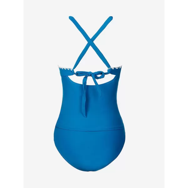 imageCUPSHE Women Swimsuit Tankini Tummy Control Criss Cross Back Tie Mid Mise Shell Stitched Bathing SuitBlue