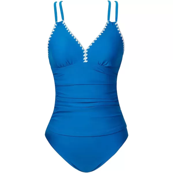 imageCUPSHE Women Swimsuit Tankini Tummy Control Criss Cross Back Tie Mid Mise Shell Stitched Bathing SuitBlue