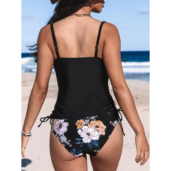 imageCUPSHE Women Swimsuit Tankini Twisted Side Tie Tummy Control Floral Bathing SuitBlack  Floral