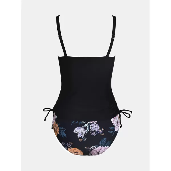 imageCUPSHE Women Swimsuit Tankini Twisted Side Tie Tummy Control Floral Bathing SuitBlack  Floral