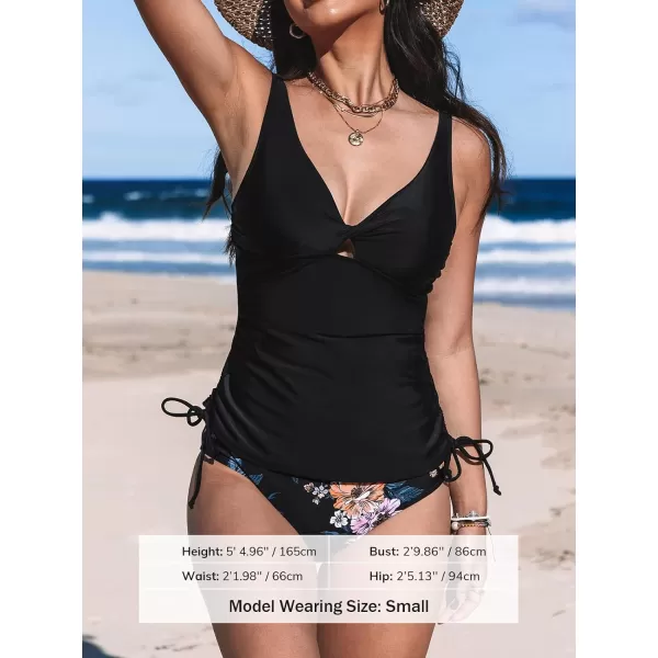 imageCUPSHE Women Swimsuit Tankini Twisted Side Tie Tummy Control Floral Bathing SuitBlack  Floral