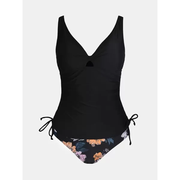 imageCUPSHE Women Swimsuit Tankini Twisted Side Tie Tummy Control Floral Bathing SuitBlack  Floral