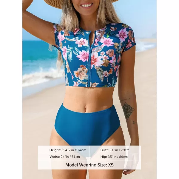 imageCUPSHE Women Swimsuit Two Piece Bikini Sets High Waisted Short Sleeve High Neck Zipper Front Bathing SuitBlue  Floral