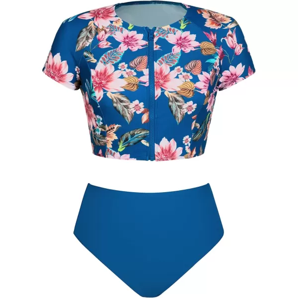 imageCUPSHE Women Swimsuit Two Piece Bikini Sets High Waisted Short Sleeve High Neck Zipper Front Bathing SuitBlue  Floral