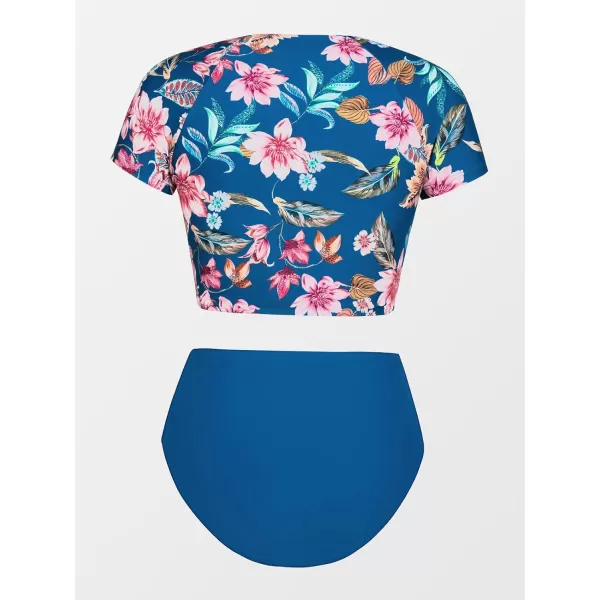imageCUPSHE Women Swimsuit Two Piece Bikini Sets High Waisted Short Sleeve High Neck Zipper Front Bathing SuitBlue  Floral