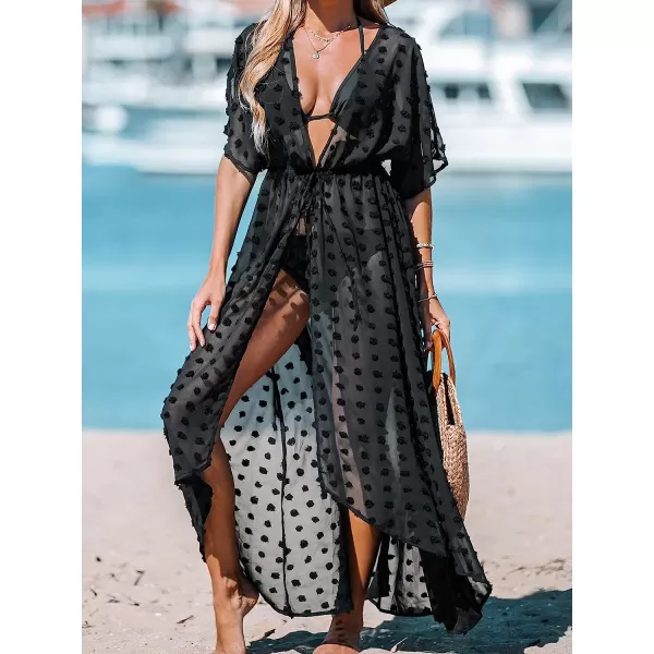 imageCUPSHE Women Swiss Dot CoverUp Duster Kimono Casual Summer Short Dolman Sleeves Mini Cover UpBlack