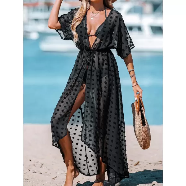 imageCUPSHE Women Swiss Dot CoverUp Duster Kimono Casual Summer Short Dolman Sleeves Mini Cover UpBlack