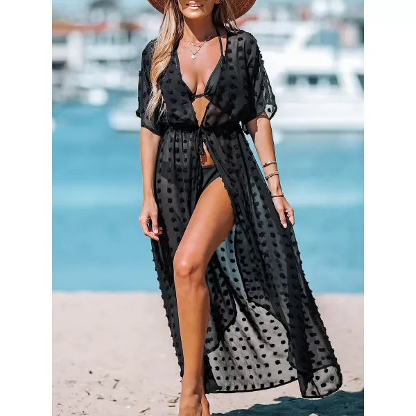 imageCUPSHE Women Swiss Dot CoverUp Duster Kimono Casual Summer Short Dolman Sleeves Mini Cover UpBlack