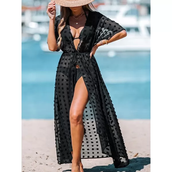 imageCUPSHE Women Swiss Dot CoverUp Duster Kimono Casual Summer Short Dolman Sleeves Mini Cover UpBlack