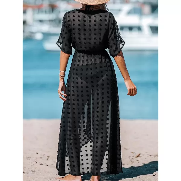 imageCUPSHE Women Swiss Dot CoverUp Duster Kimono Casual Summer Short Dolman Sleeves Mini Cover UpBlack
