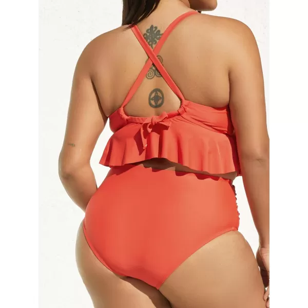 imageCUPSHE Women Tankini Set Plus Size Two Piece Swimsuit V Neck High Waisted Cross Back Tie Ruffled RuchedCarrot Orange