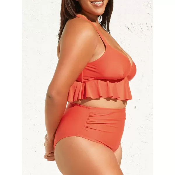 imageCUPSHE Women Tankini Set Plus Size Two Piece Swimsuit V Neck High Waisted Cross Back Tie Ruffled RuchedCarrot Orange