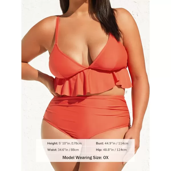 imageCUPSHE Women Tankini Set Plus Size Two Piece Swimsuit V Neck High Waisted Cross Back Tie Ruffled RuchedCarrot Orange