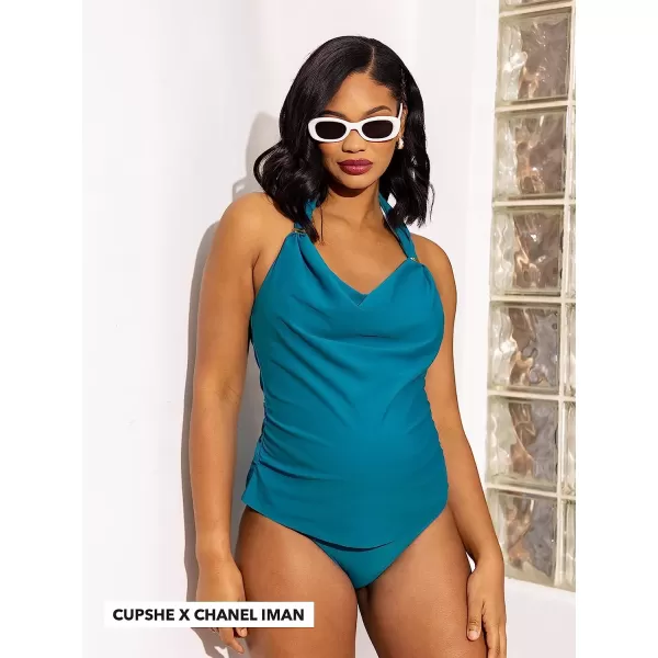 imageCUPSHE Women Tankini Set Two Piece Bathing Suits Halter Neck Low BackBlue