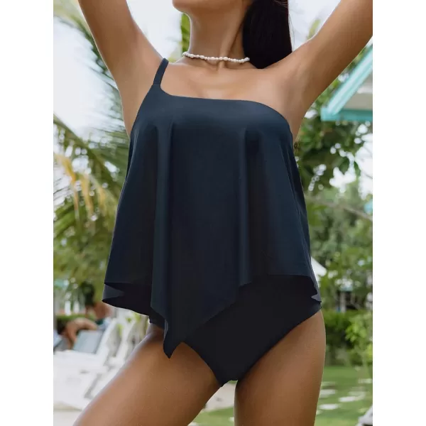imageCUPSHE Women Tankini Set Two Piece Swimsuit One Shoulder Adjustable Straps High Waisted BottomDeep Blue