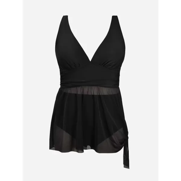 imageCUPSHE Women Tankini Sets Plus Size Two Piece Swimsuit High Waisted V Neck Mesh Ruched Self Tie Swim DressBlack