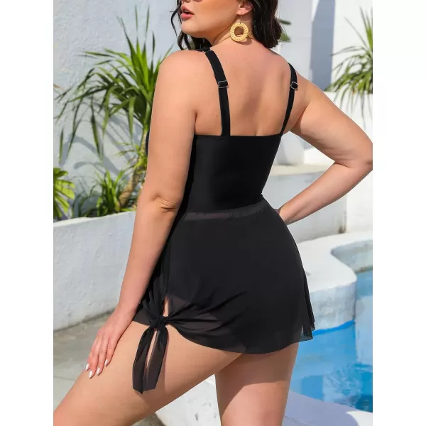 imageCUPSHE Women Tankini Sets Plus Size Two Piece Swimsuit High Waisted V Neck Mesh Ruched Self Tie Swim DressBlack
