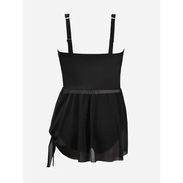 imageCUPSHE Women Tankini Sets Plus Size Two Piece Swimsuit High Waisted V Neck Mesh Ruched Self Tie Swim DressBlack