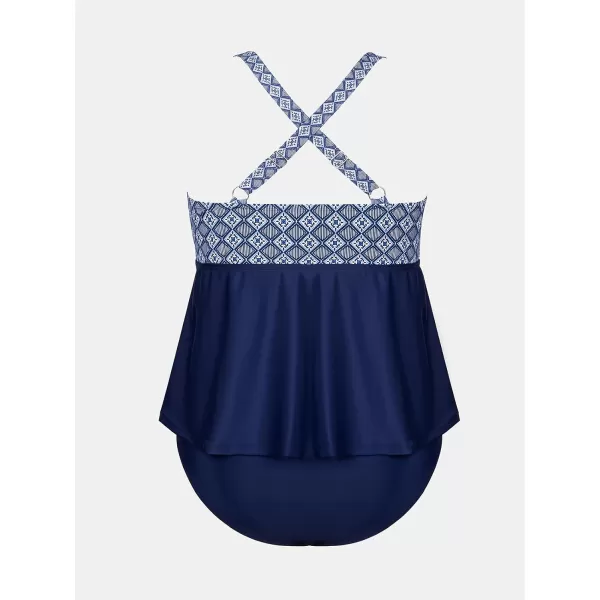 imageCUPSHE Women Tankini Sets Plus Size Two Piece Swimsuit V Neck Mid Rise Crisscross Back Tie O RingNavy BlueRetro Print