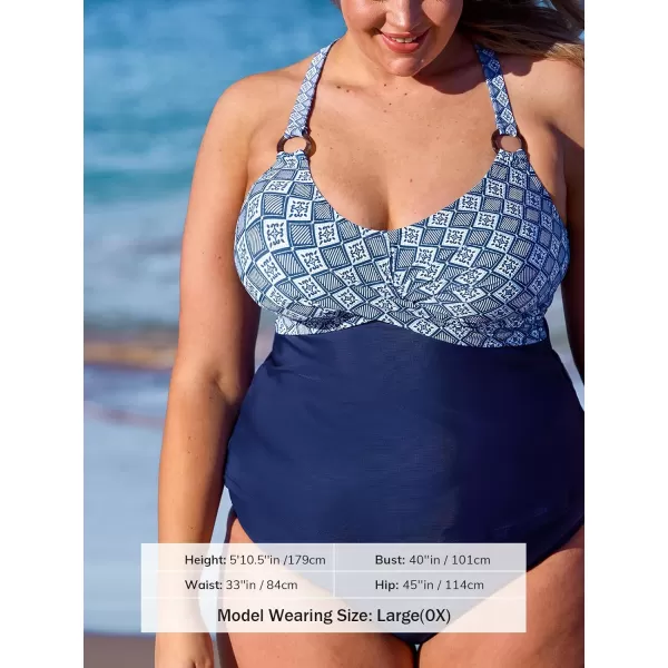 imageCUPSHE Women Tankini Sets Plus Size Two Piece Swimsuit V Neck Mid Rise Crisscross Back Tie O RingNavy BlueRetro Print