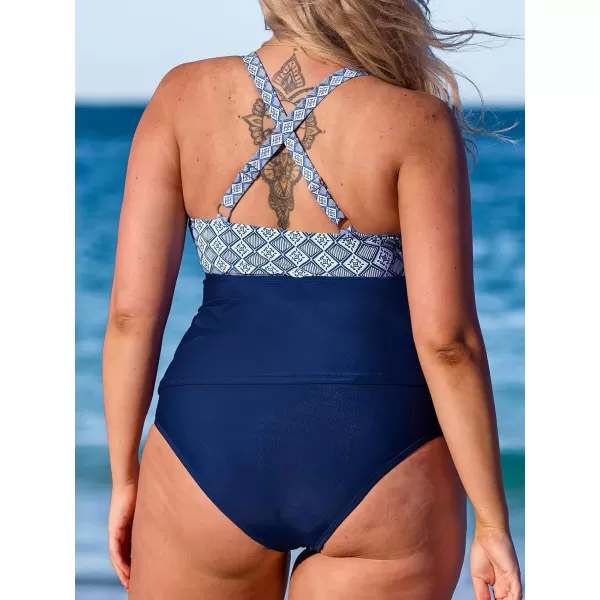 imageCUPSHE Women Tankini Sets Plus Size Two Piece Swimsuit V Neck Mid Rise Crisscross Back Tie O RingNavy BlueRetro Print