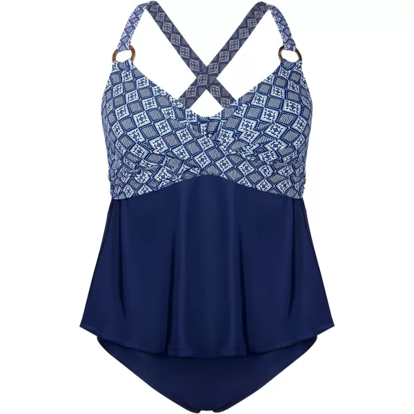 imageCUPSHE Women Tankini Sets Plus Size Two Piece Swimsuit V Neck Mid Rise Crisscross Back Tie O RingNavy BlueRetro Print