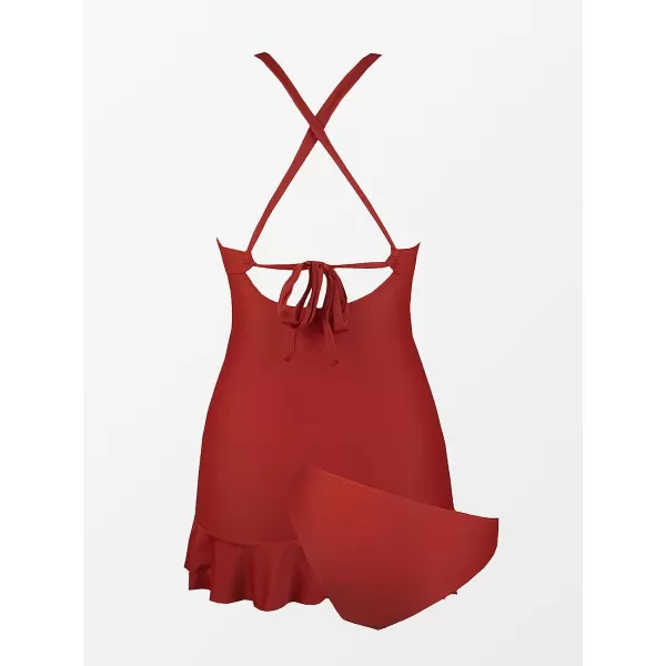 imageCUPSHE Women Tankini Sets Swimsuits Deep V Neck Ruched Cross Back Tie Ruffled Tummy ControlRust Red