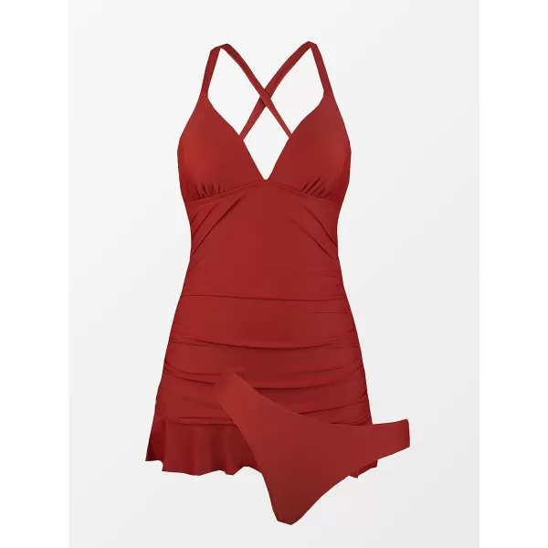 imageCUPSHE Women Tankini Sets Swimsuits Deep V Neck Ruched Cross Back Tie Ruffled Tummy ControlRust Red