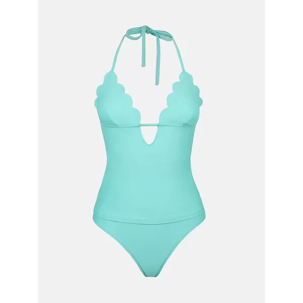 imageCUPSHE Women Tankini Swimsuit Scalloped Hipster Backless Two Piece Bathing SuitAqua