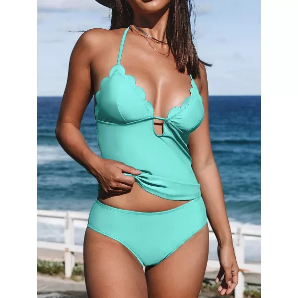 imageCUPSHE Women Tankini Swimsuit Scalloped Hipster Backless Two Piece Bathing SuitAqua