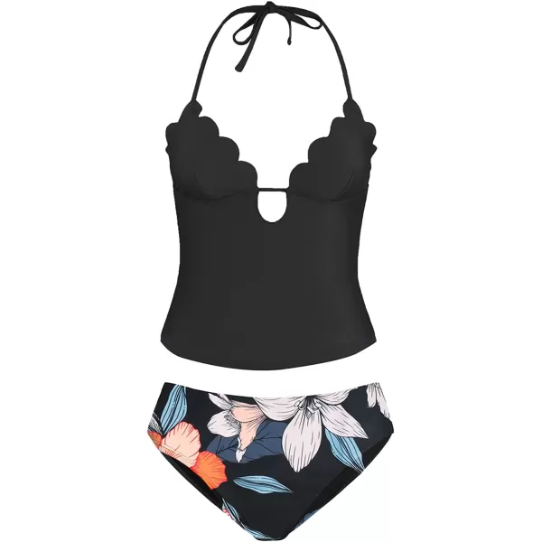 imageCUPSHE Women Tankini Swimsuit Scalloped Hipster Backless Two Piece Bathing SuitBlack