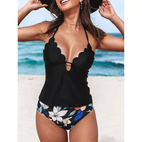 imageCUPSHE Women Tankini Swimsuit Scalloped Hipster Backless Two Piece Bathing SuitBlack